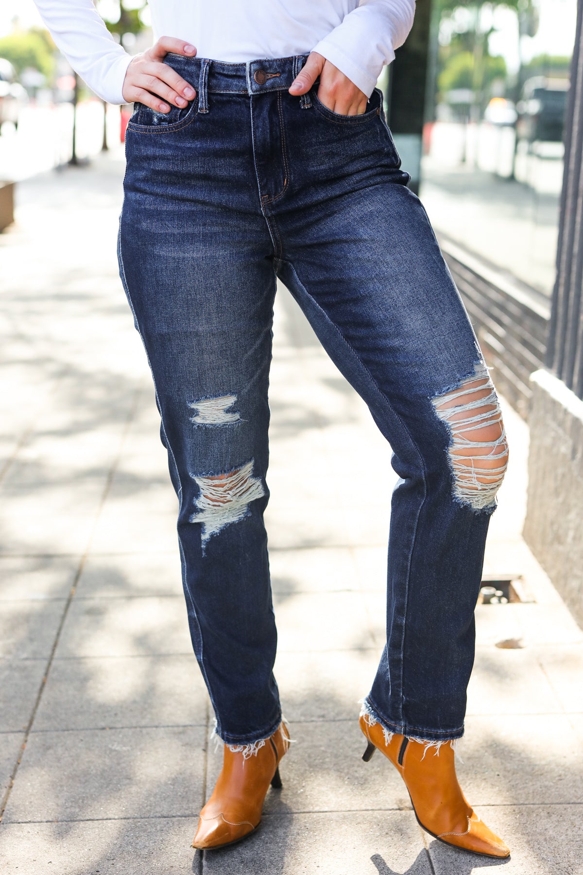 Dark Wash Mid Rise Distressed Straight Leg Jeans