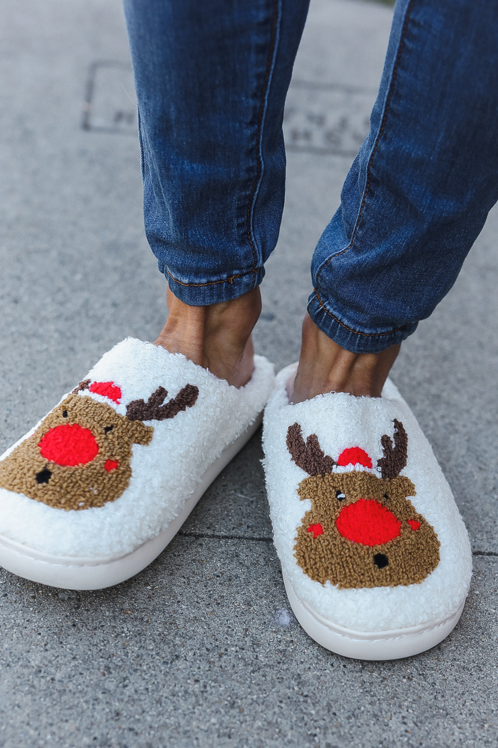 Red Nose Reindeer Print Fleece Slippers