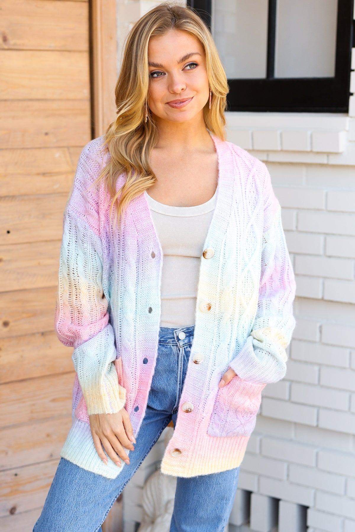 Rainbow Ombre Cable Knit Cardigan