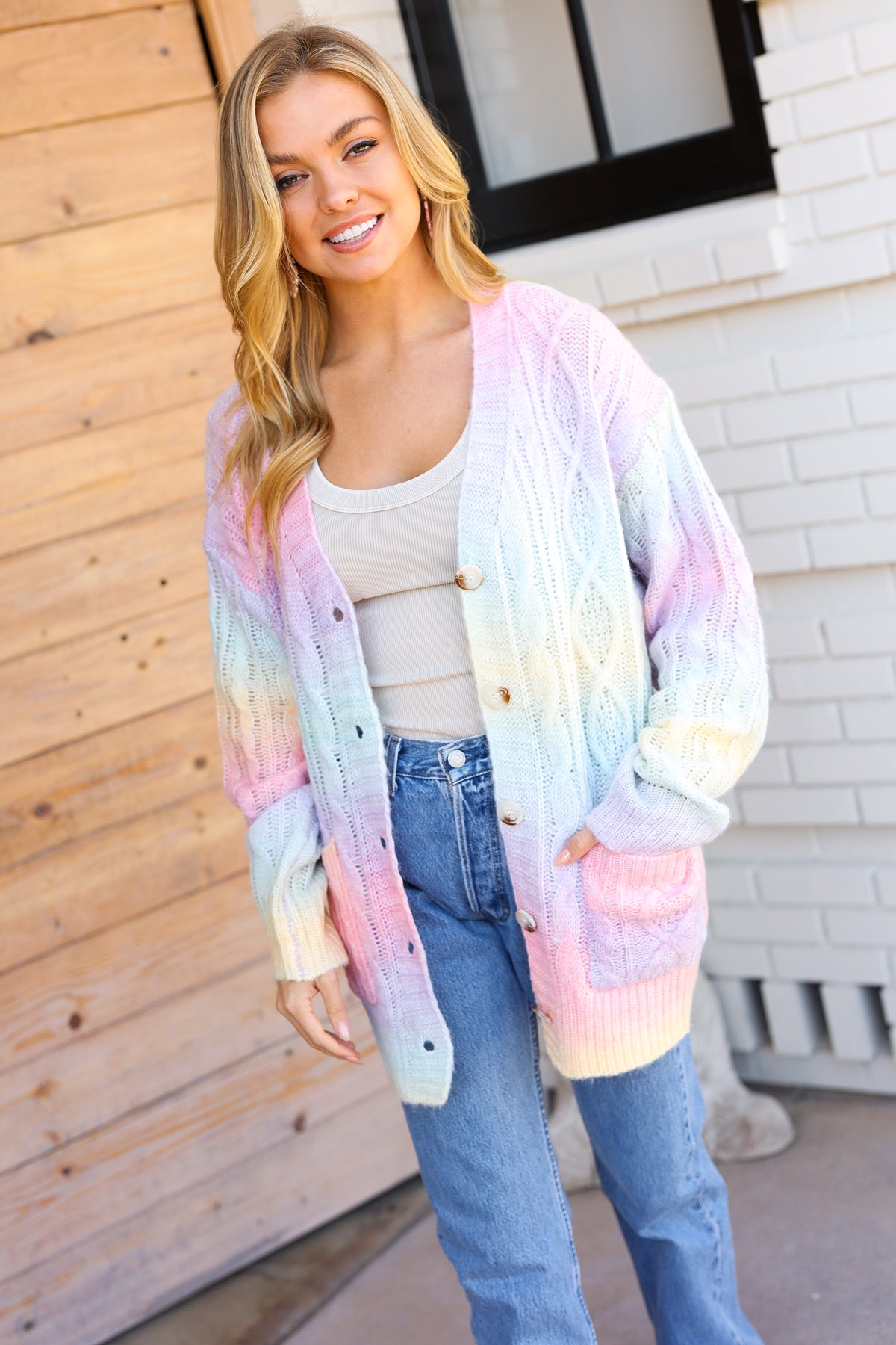 Rainbow Ombre Cable Knit Cardigan