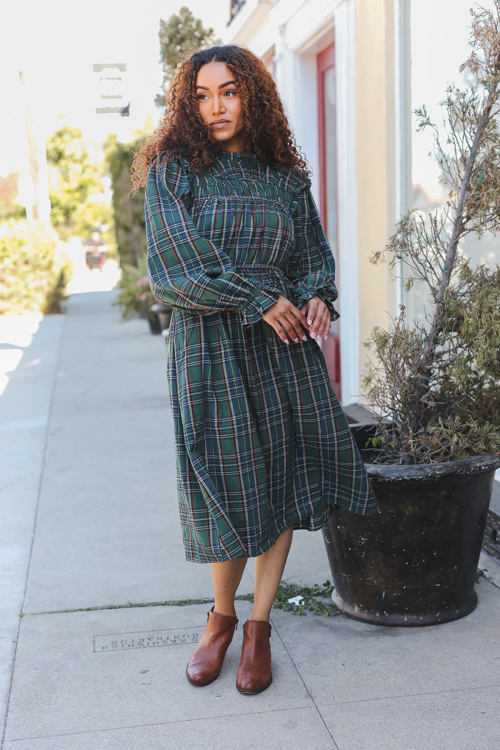 Hunter Green Plaid Check Woven Midi Dress