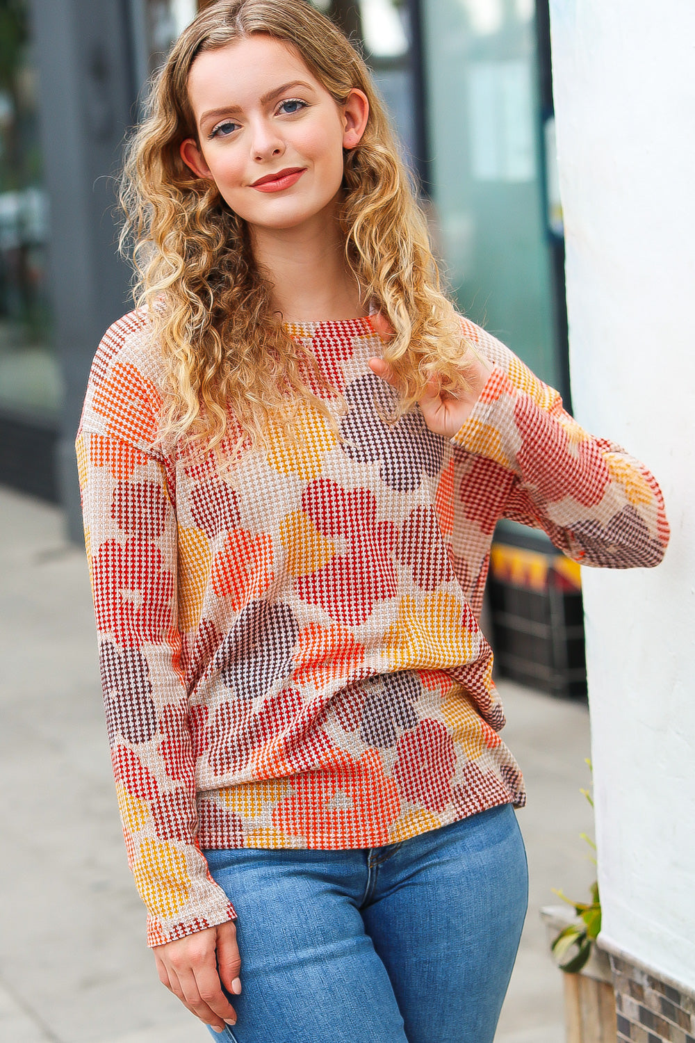 Orange Taupe Floral Two Tone Knit Top