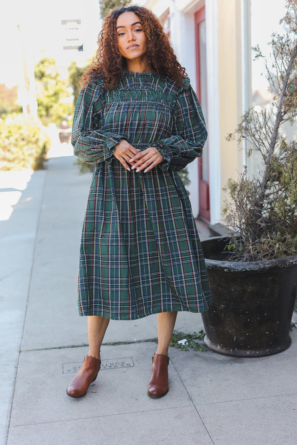 Hunter Green Plaid Check Woven Midi Dress