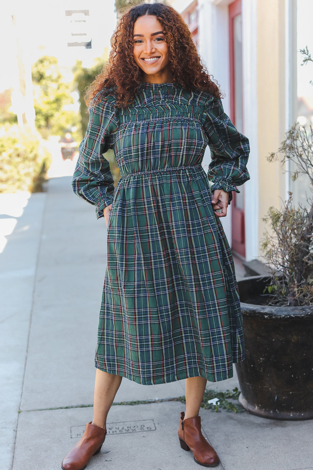 Hunter Green Plaid Check Woven Midi Dress