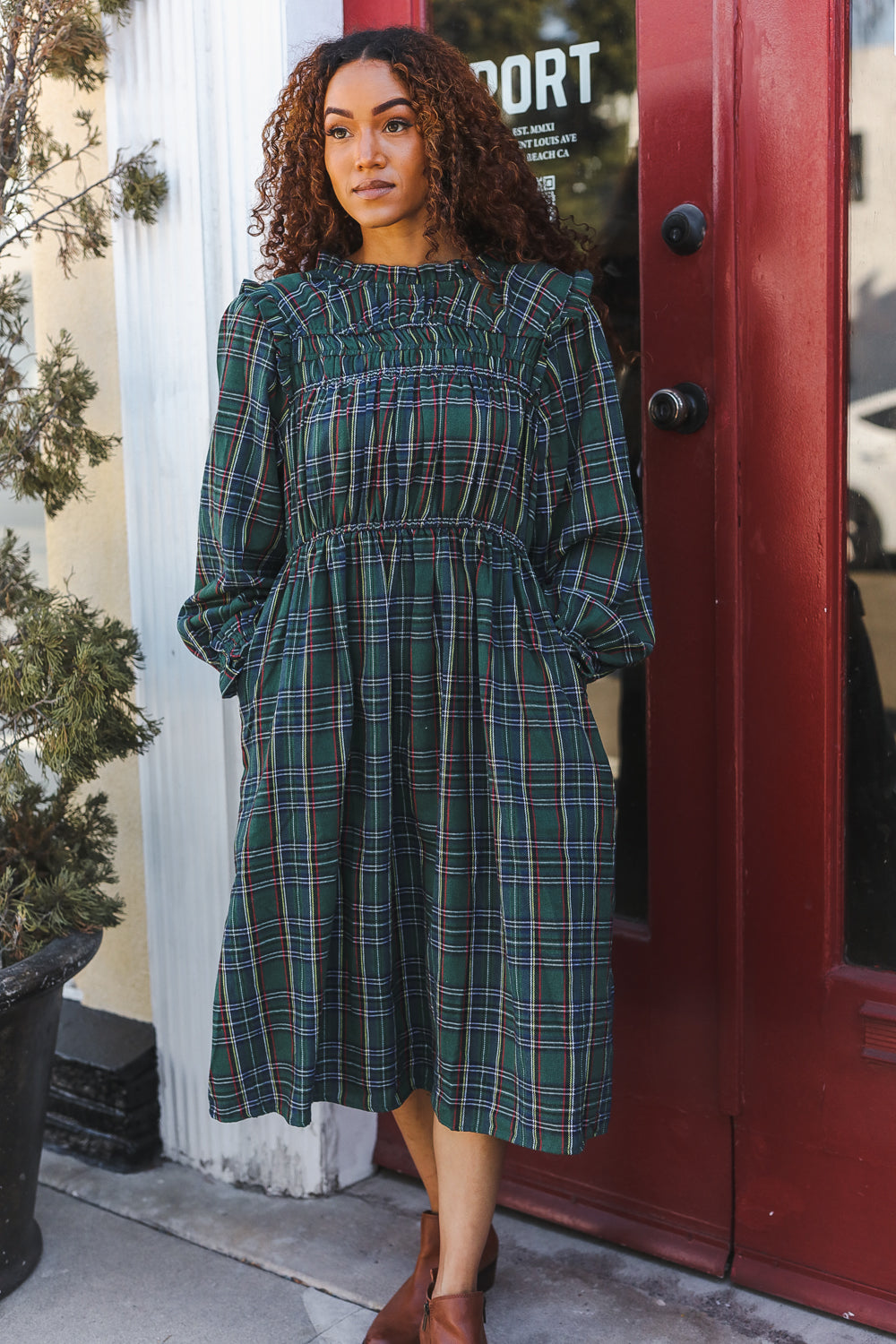 Hunter Green Plaid Check Woven Midi Dress