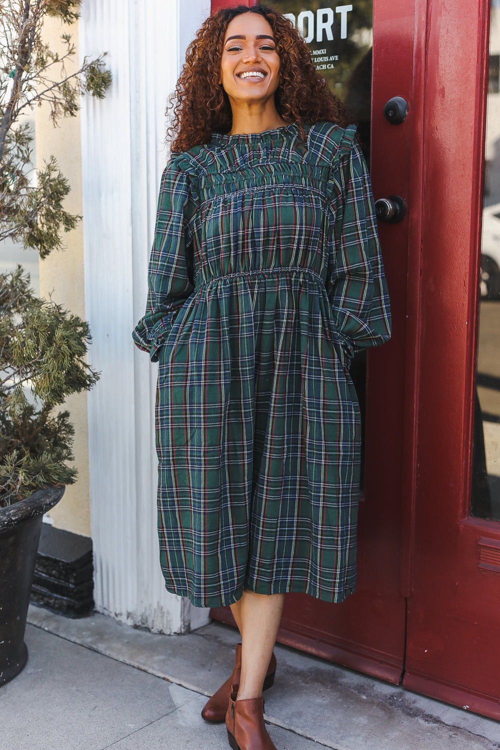 Hunter Green Plaid Check Woven Midi Dress