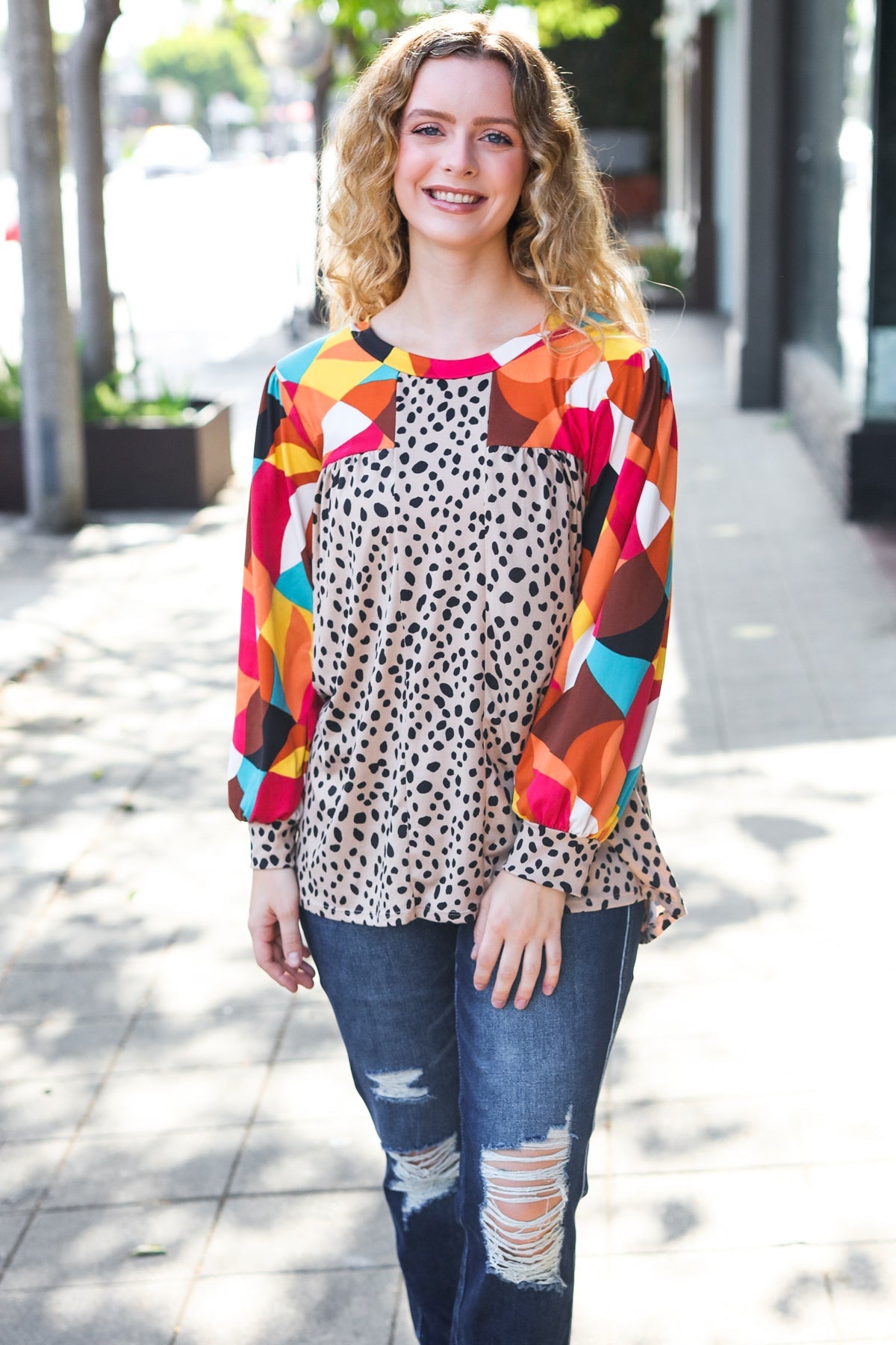 Rust & Khaki Geometric Animal Color Block Bubble Sleeve Top