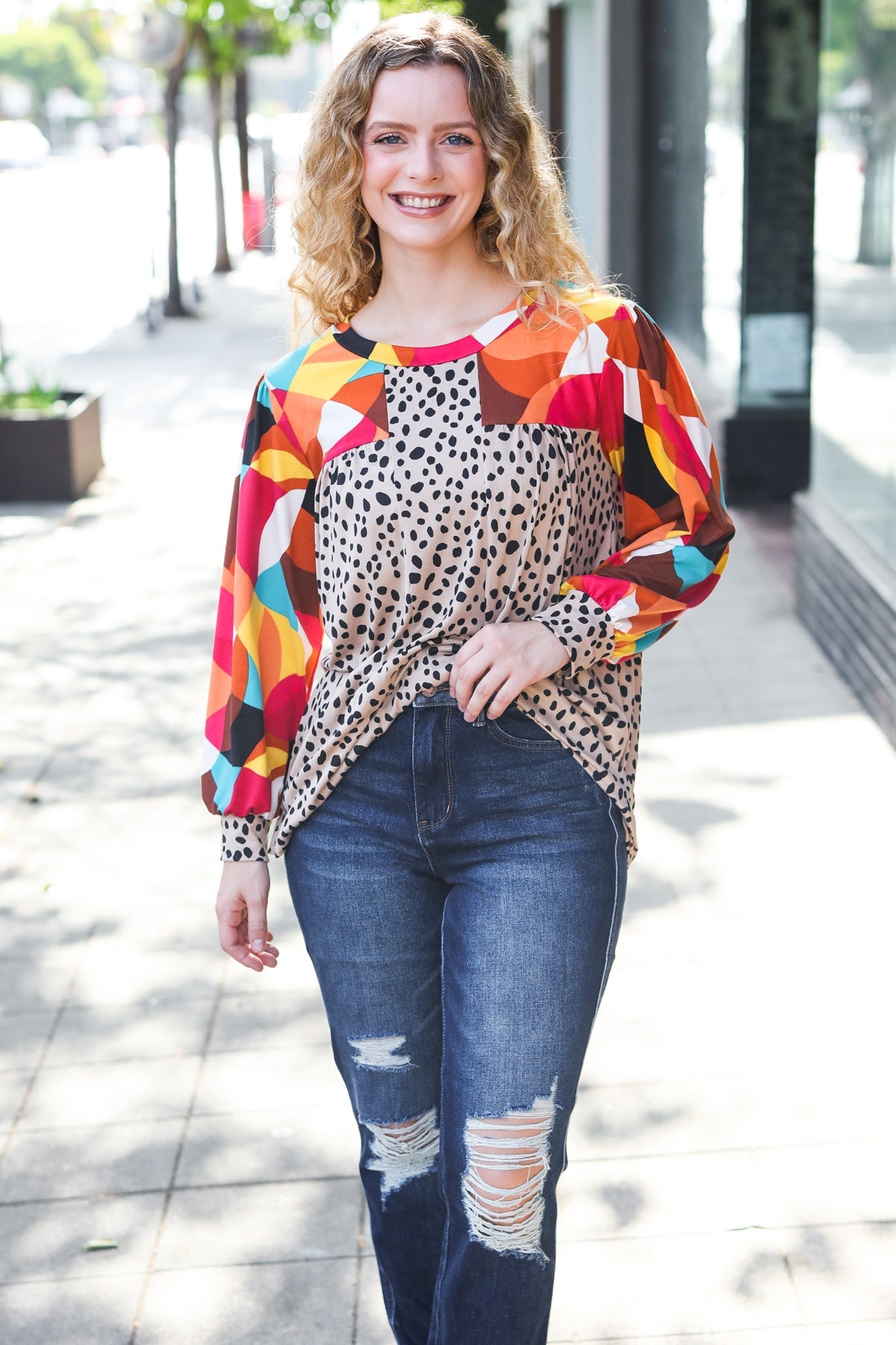 Rust & Khaki Geometric Animal Color Block Bubble Sleeve Top