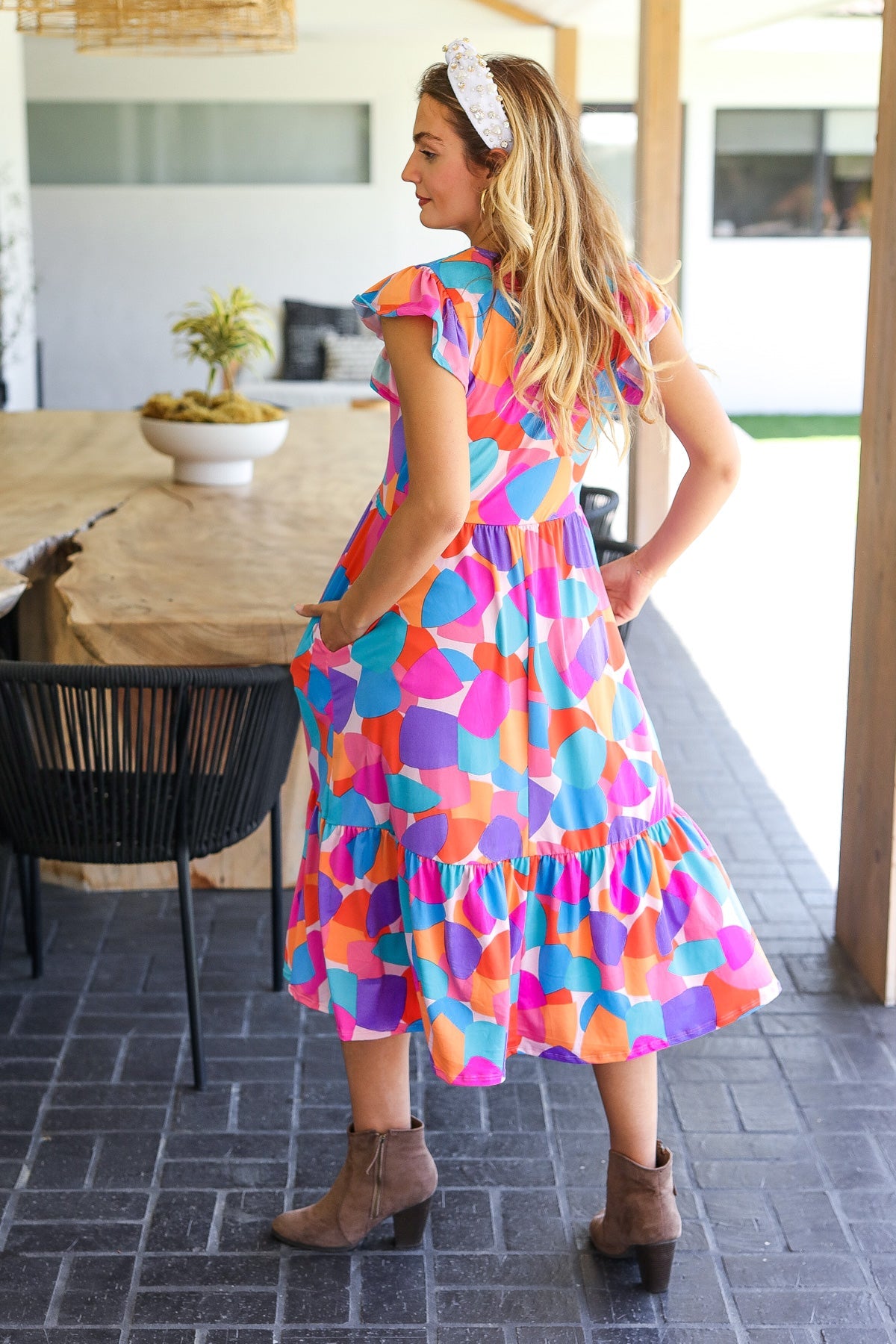 Multicolor Abstract Babydoll Ruffle Hem Midi Dress