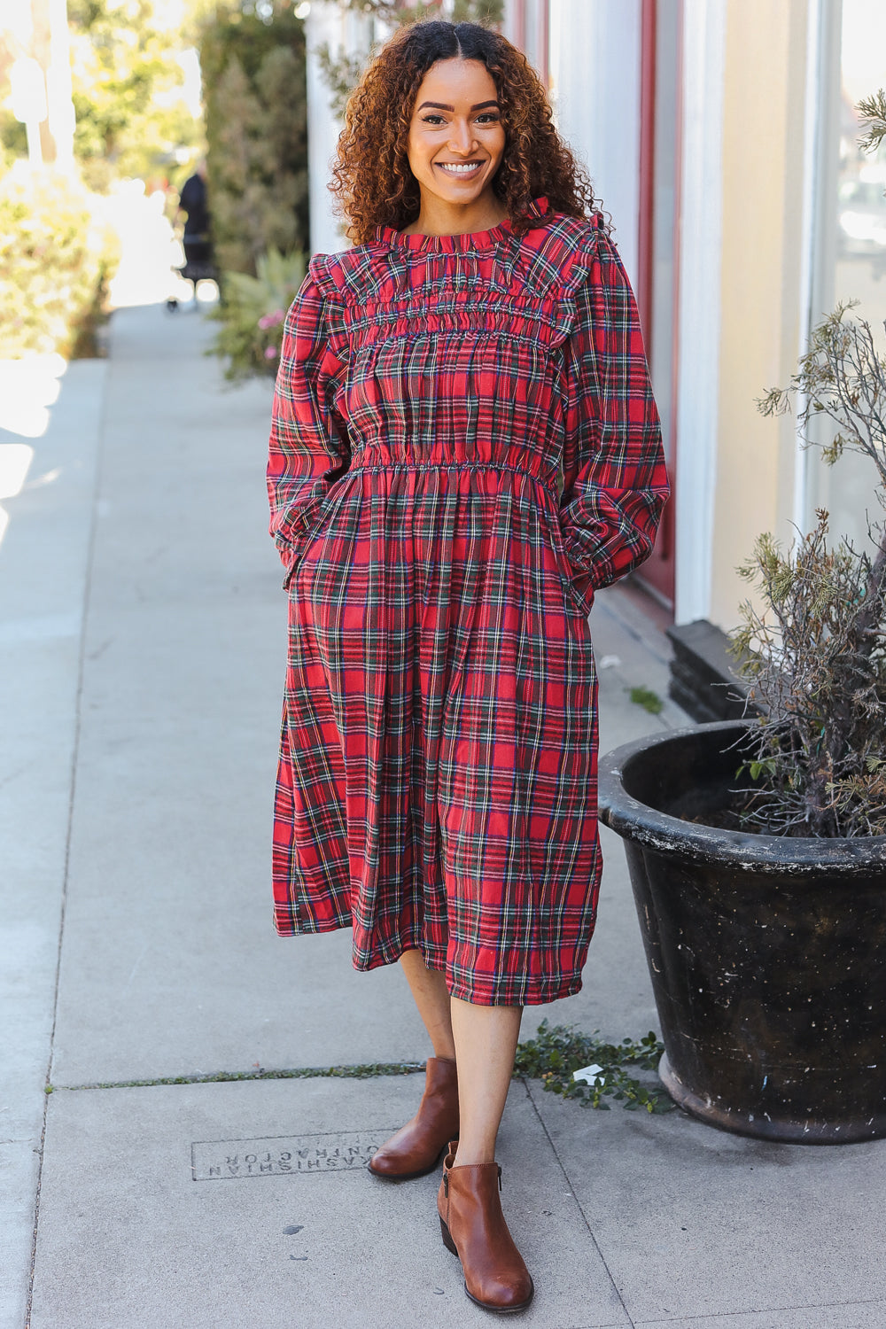 Hunter Red Plaid Check Woven Midi Dress