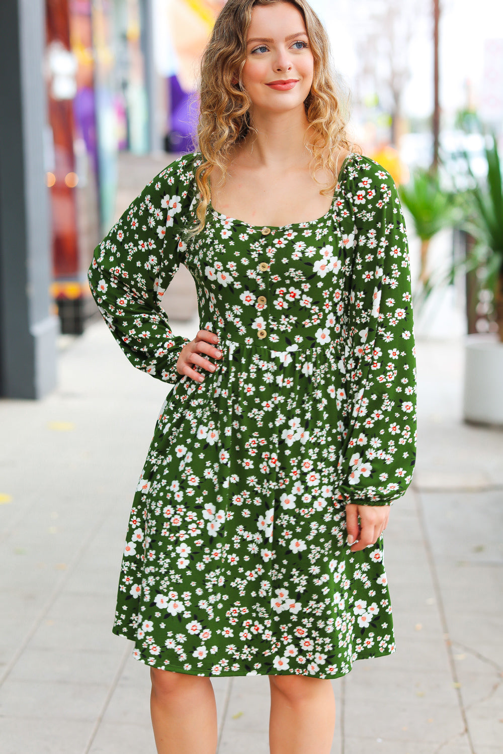 Olive Ditsy Floral Square Neck Dress