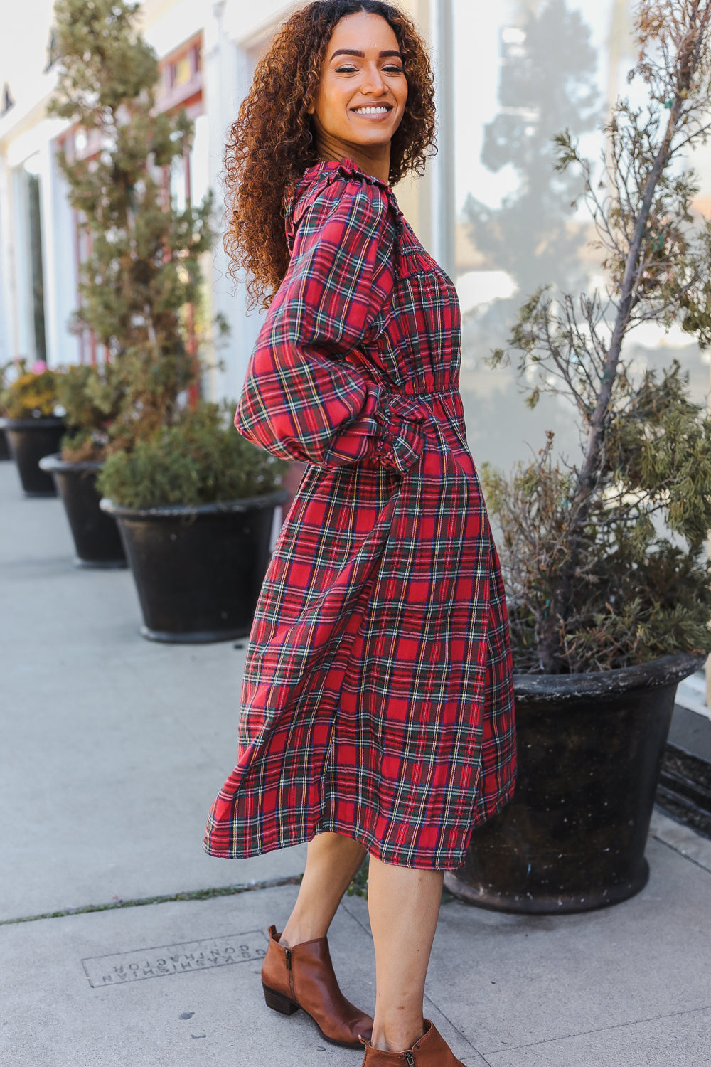 Hunter Red Plaid Check Woven Midi Dress