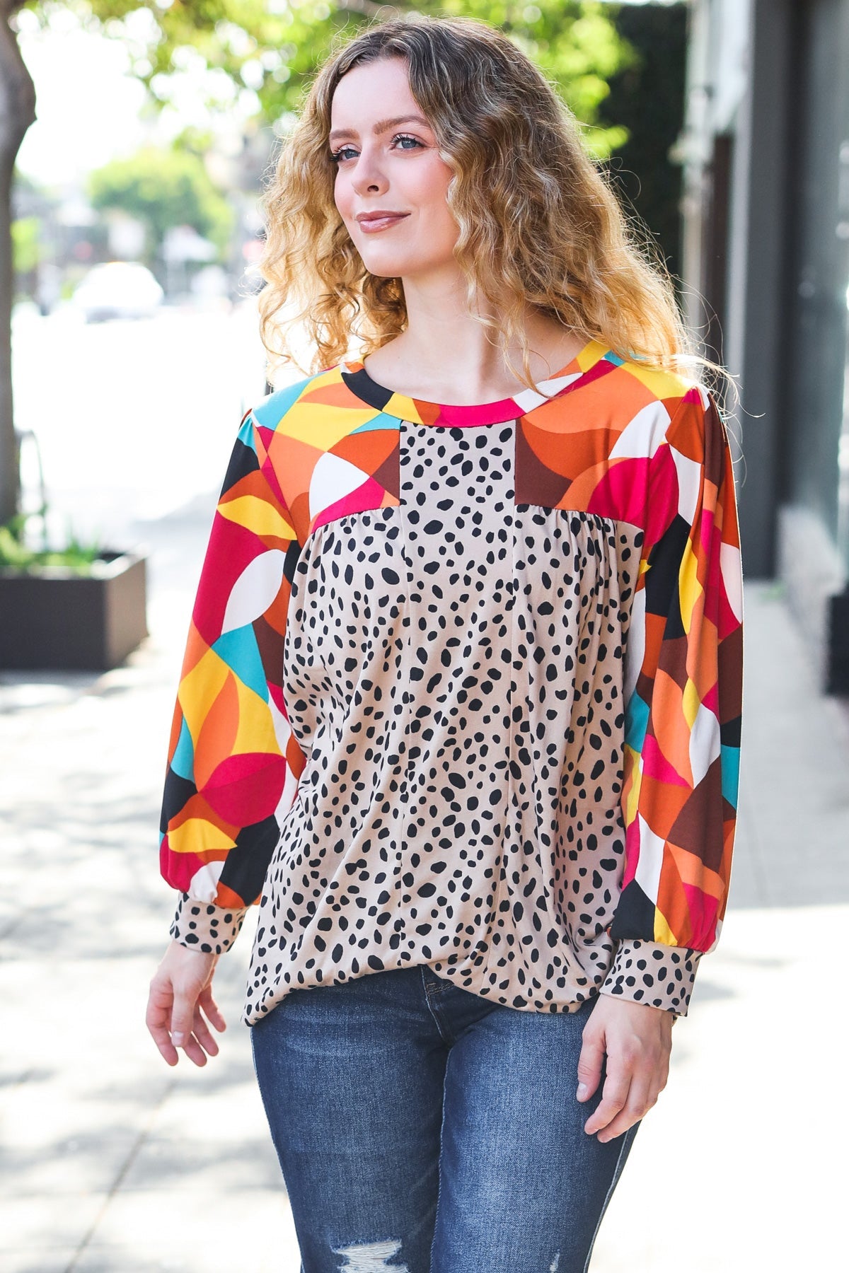 Rust & Khaki Geometric Animal Color Block Bubble Sleeve Top