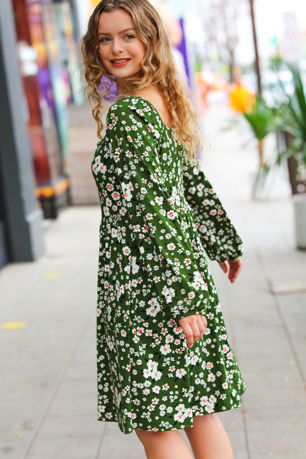 Olive Ditsy Floral Square Neck Dress