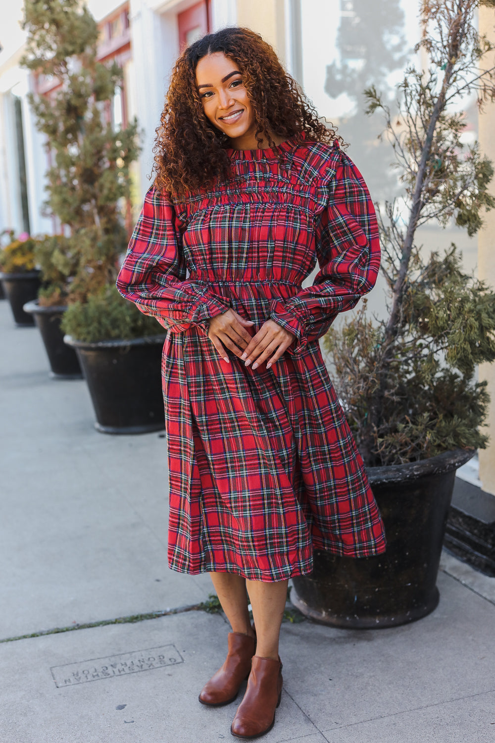 Hunter Red Plaid Check Woven Midi Dress