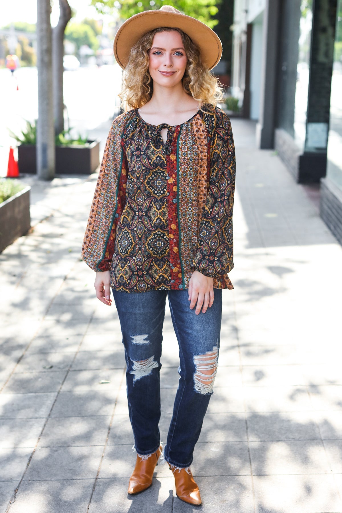 Black & Rust Paisley Raglan Keyhole Tie Top