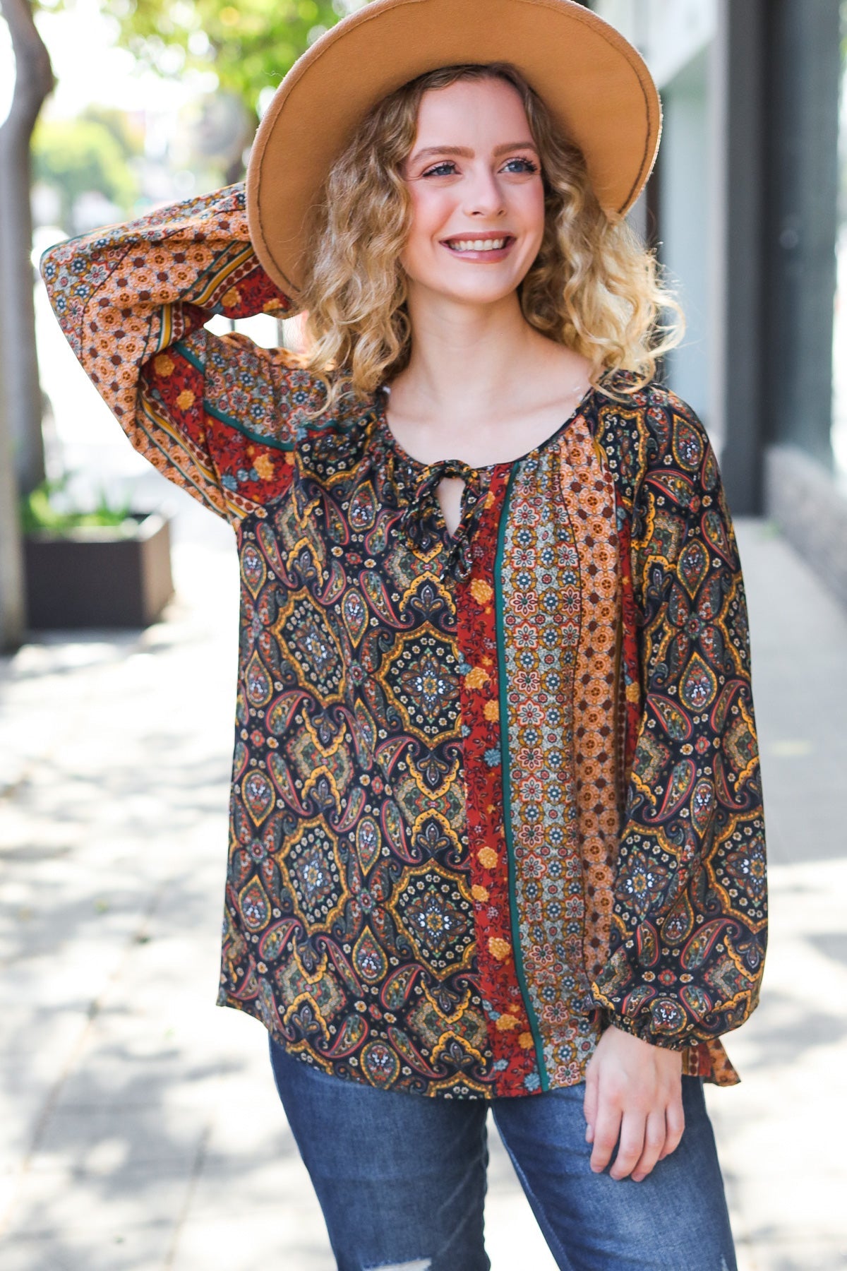 Black & Rust Paisley Raglan Keyhole Tie Top