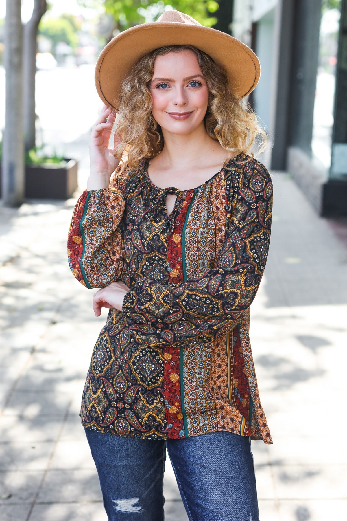 Black & Rust Paisley Raglan Keyhole Tie Top