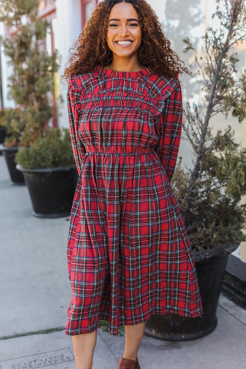 Hunter Red Plaid Check Woven Midi Dress