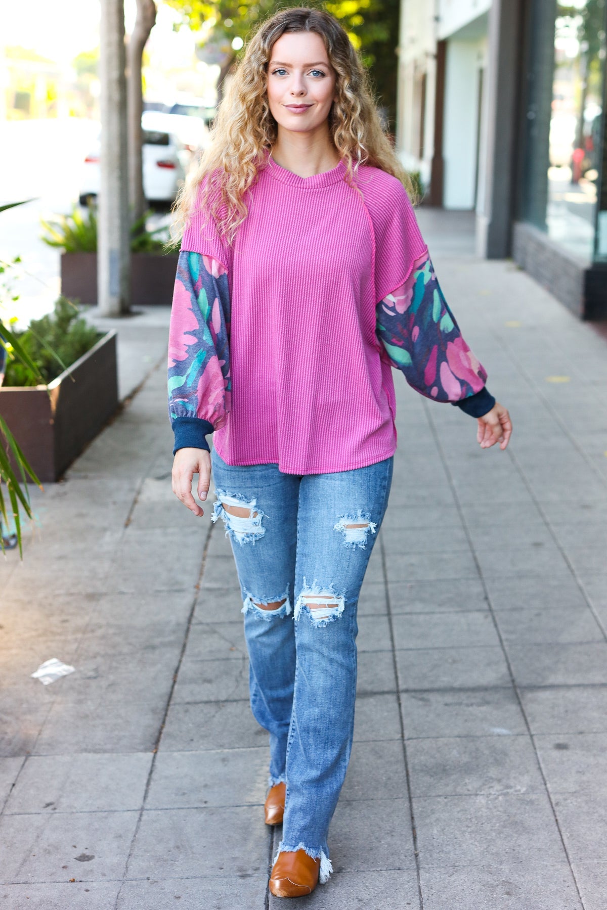 Magenta & Navy Floral Mineral Wash Rib Dolman Top