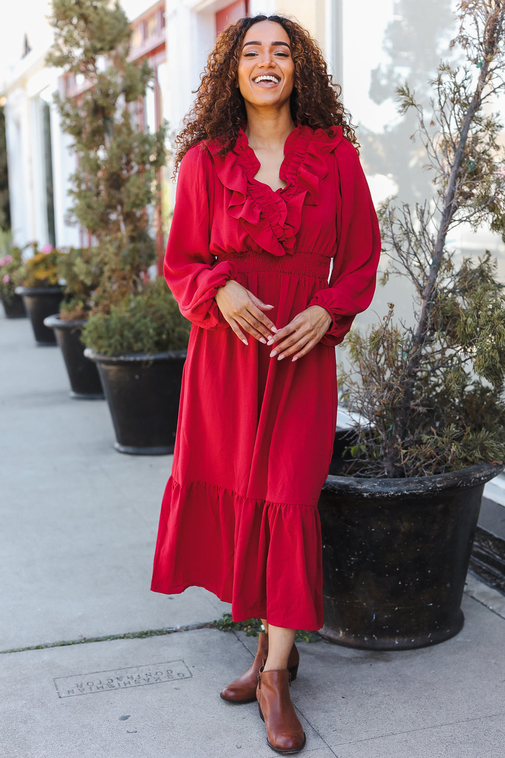 Holiday Red Overlap Ruffle V Neck Midi Dress