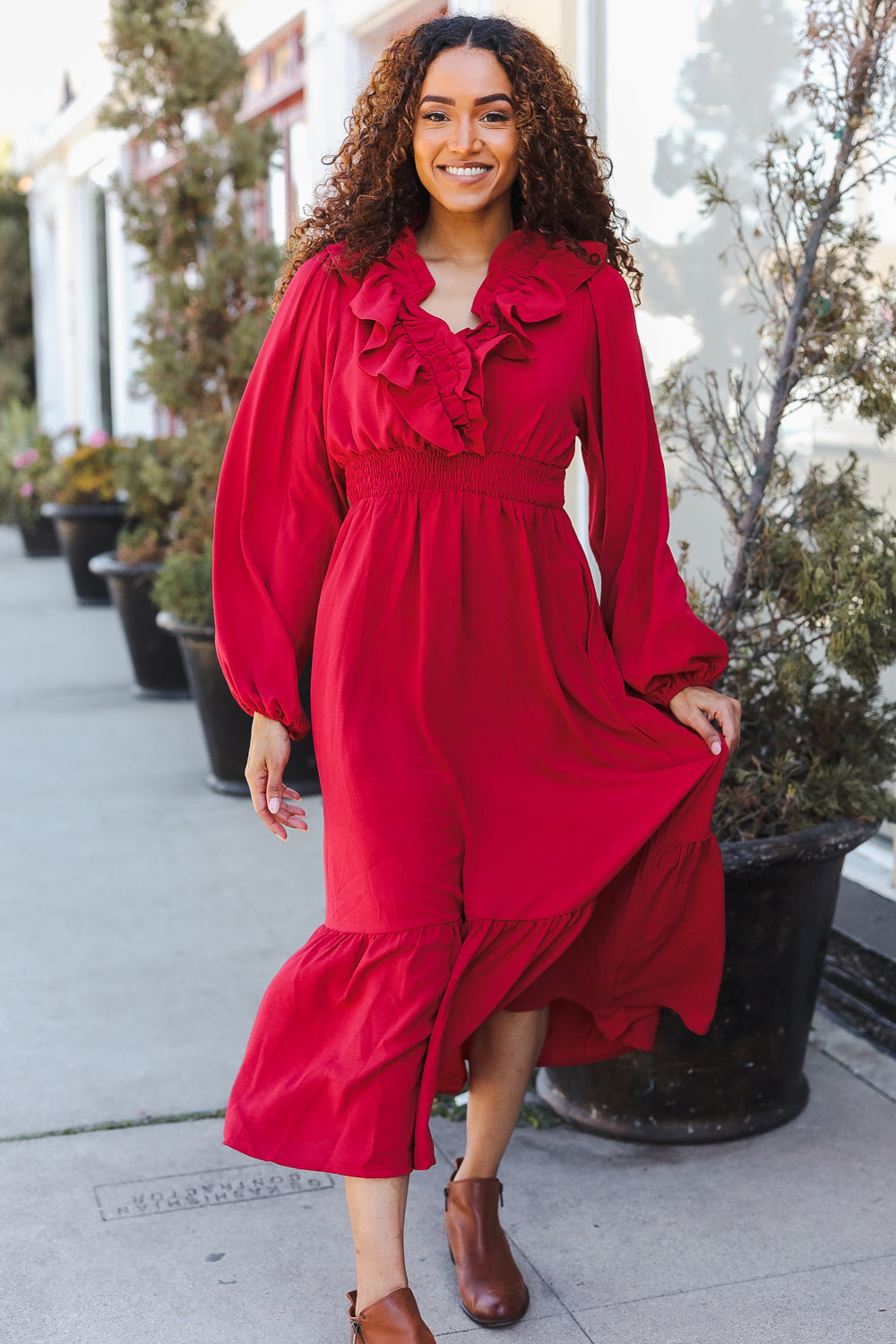 Holiday Red Overlap Ruffle V Neck Midi Dress