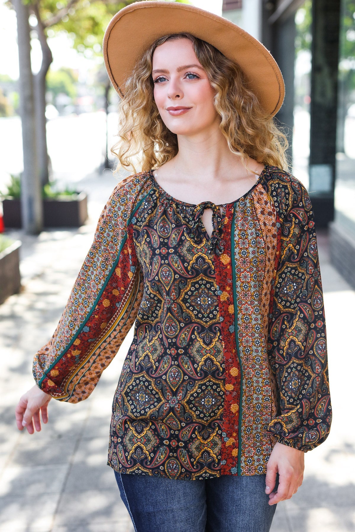 Black & Rust Paisley Raglan Keyhole Tie Top