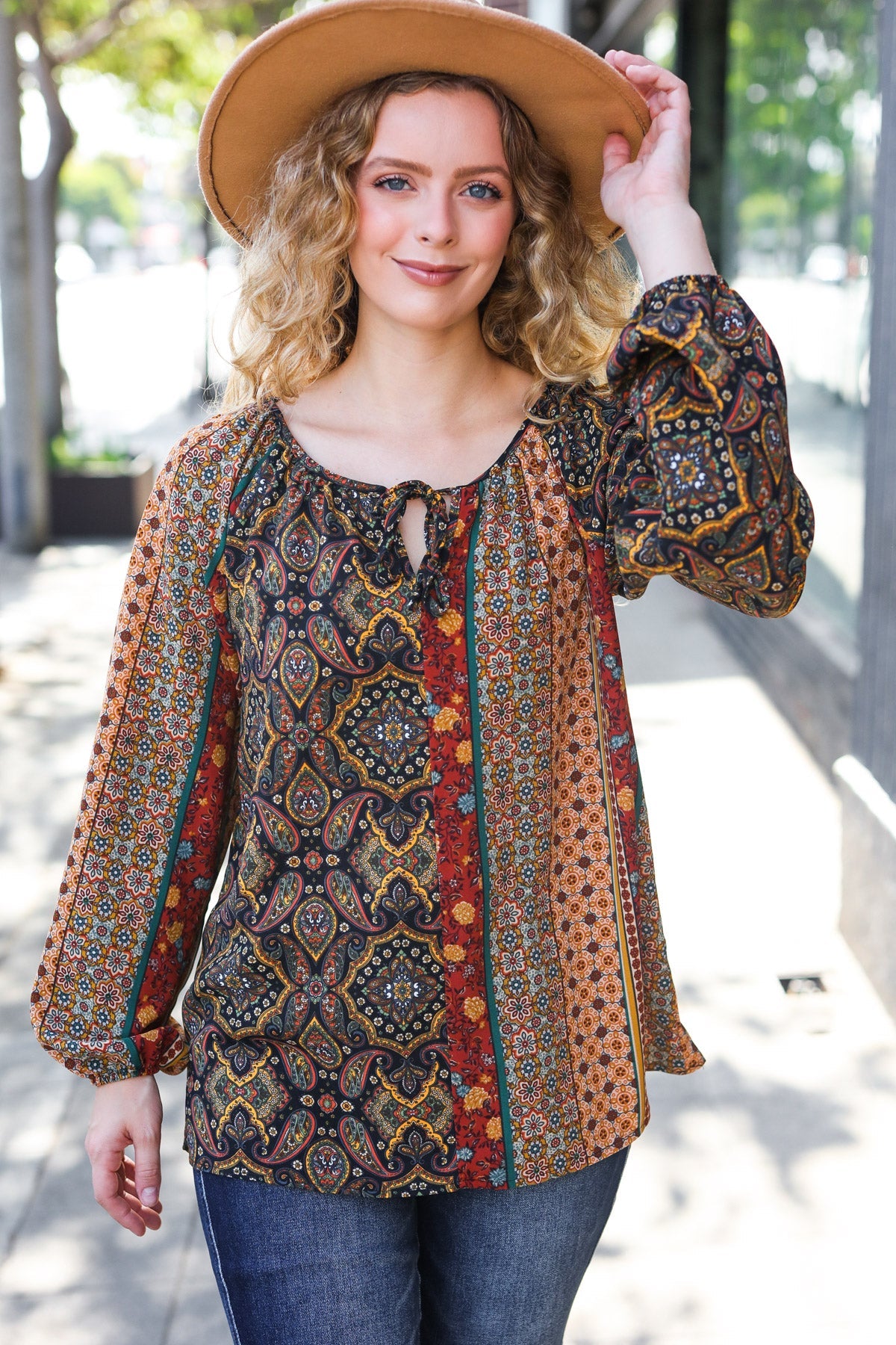 Black & Rust Paisley Raglan Keyhole Tie Top