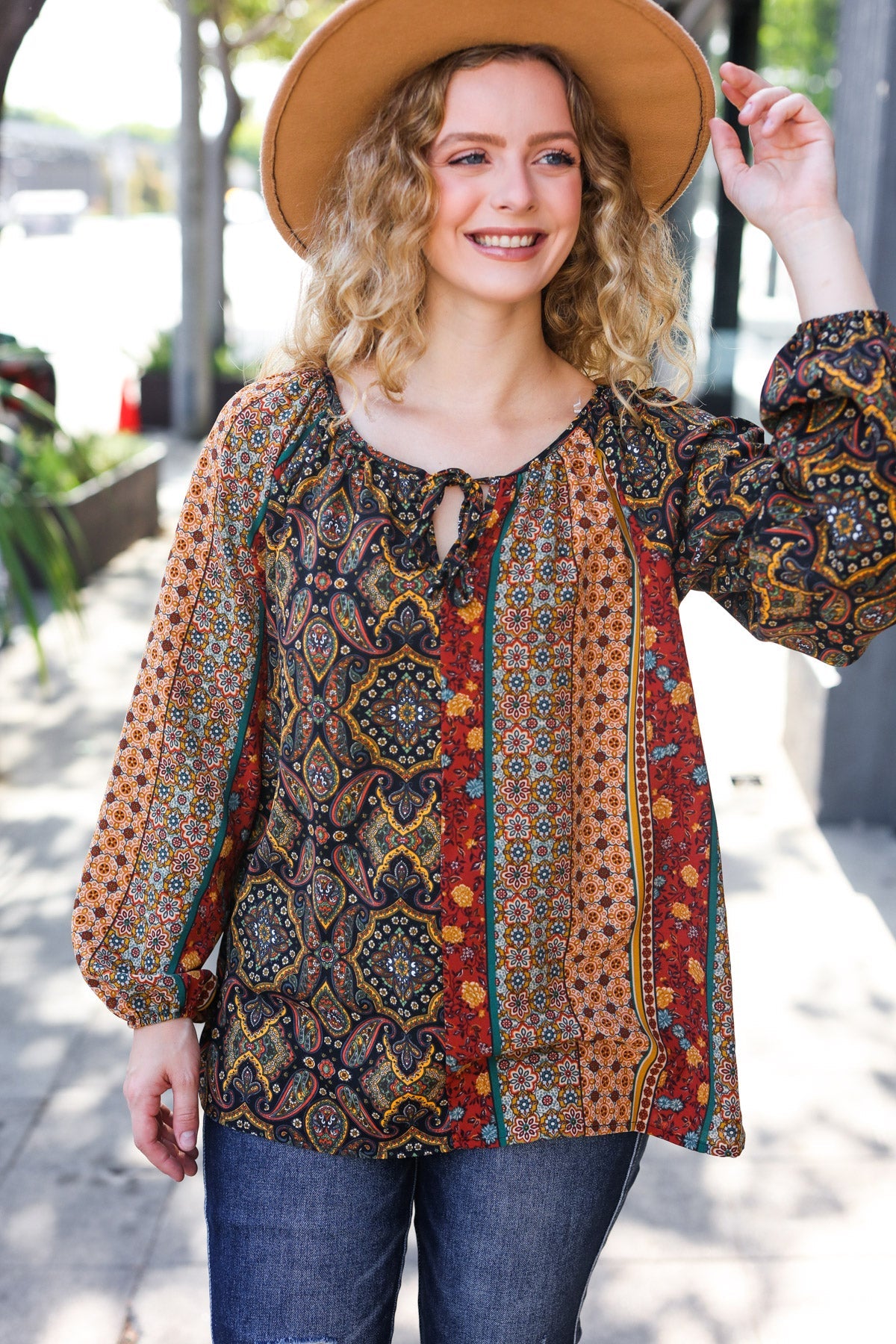 Black & Rust Paisley Raglan Keyhole Tie Top