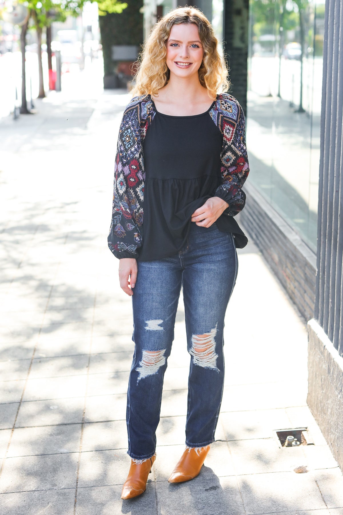 Black Square Neck Border Print Bubble Sleeve Top