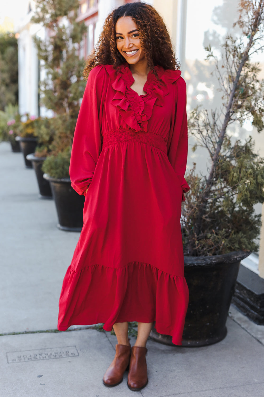 Holiday Red Overlap Ruffle V Neck Midi Dress