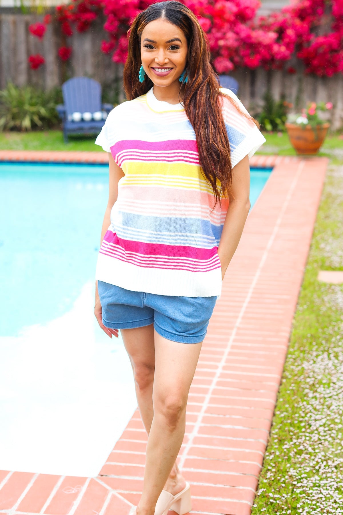 Blue & Fuchsia Striped Short Dolman Sleeve Knit Top