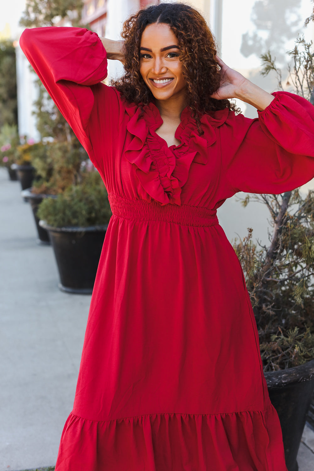 Holiday Red Overlap Ruffle V Neck Midi Dress