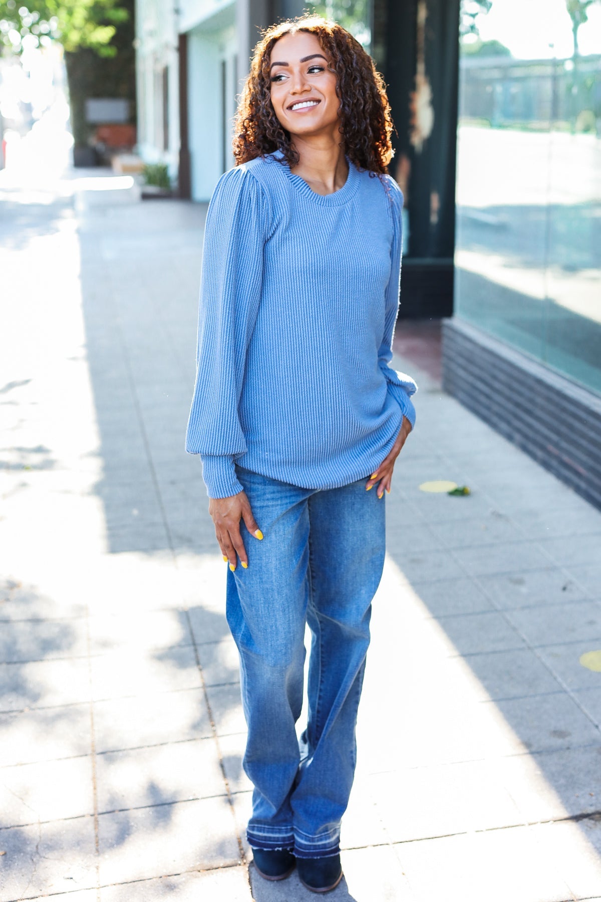 Vintage Denim Rib Mineral Wash Long Sleeve Top