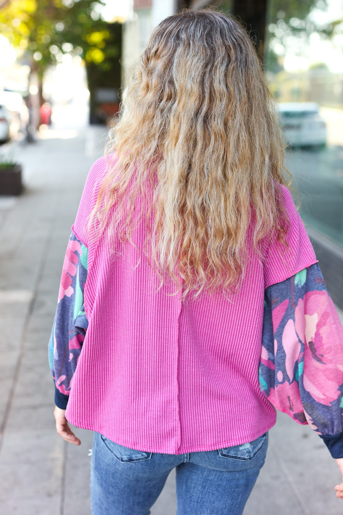 Magenta & Navy Floral Mineral Wash Rib Dolman Top