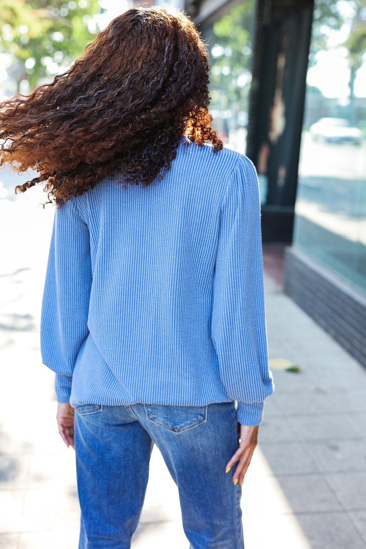 Vintage Denim Rib Mineral Wash Long Sleeve Top