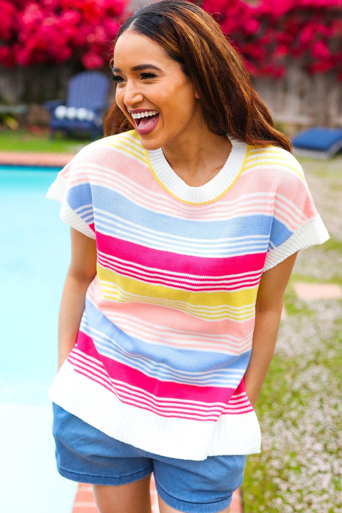 Blue & Fuchsia Striped Short Dolman Sleeve Knit Top