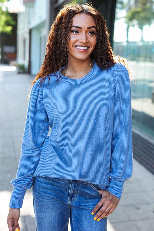 Vintage Denim Rib Mineral Wash Long Sleeve Top