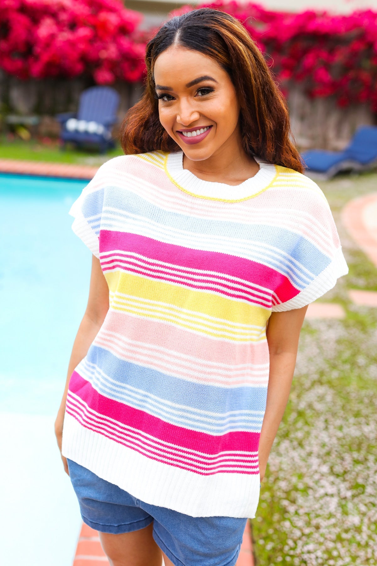 Blue & Fuchsia Striped Short Dolman Sleeve Knit Top