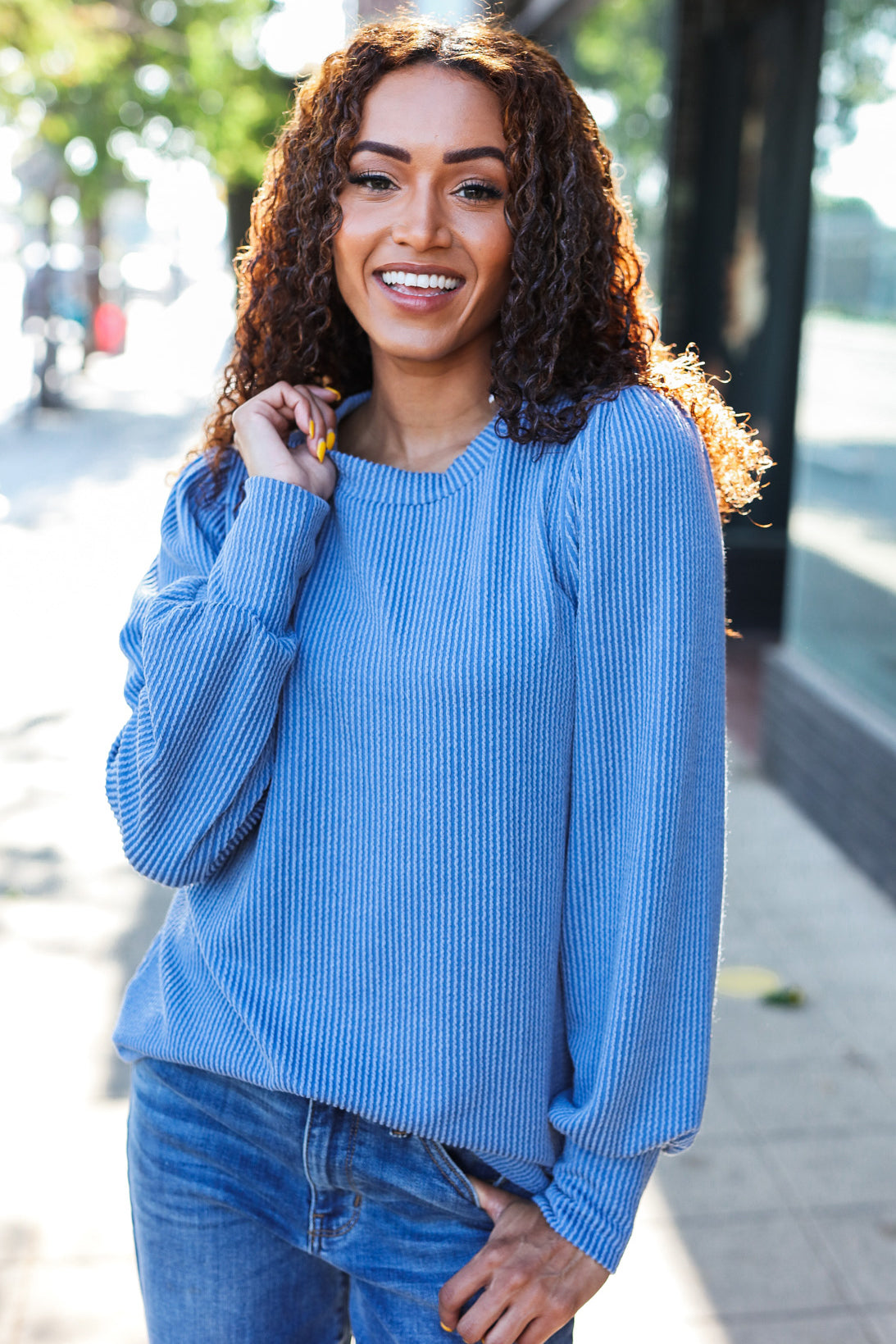 Vintage Denim Rib Mineral Wash Long Sleeve Top