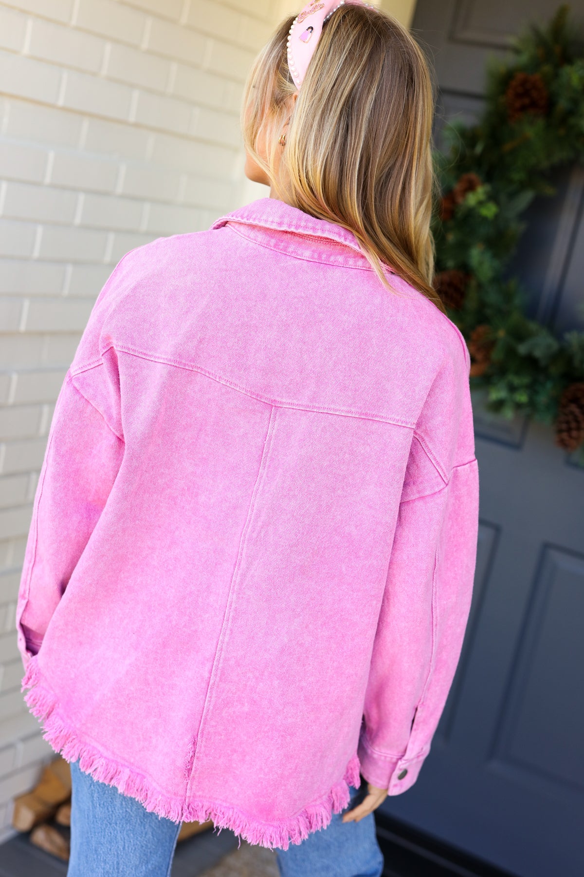 Pink Acid Wash Stud Detail Denim Jacket