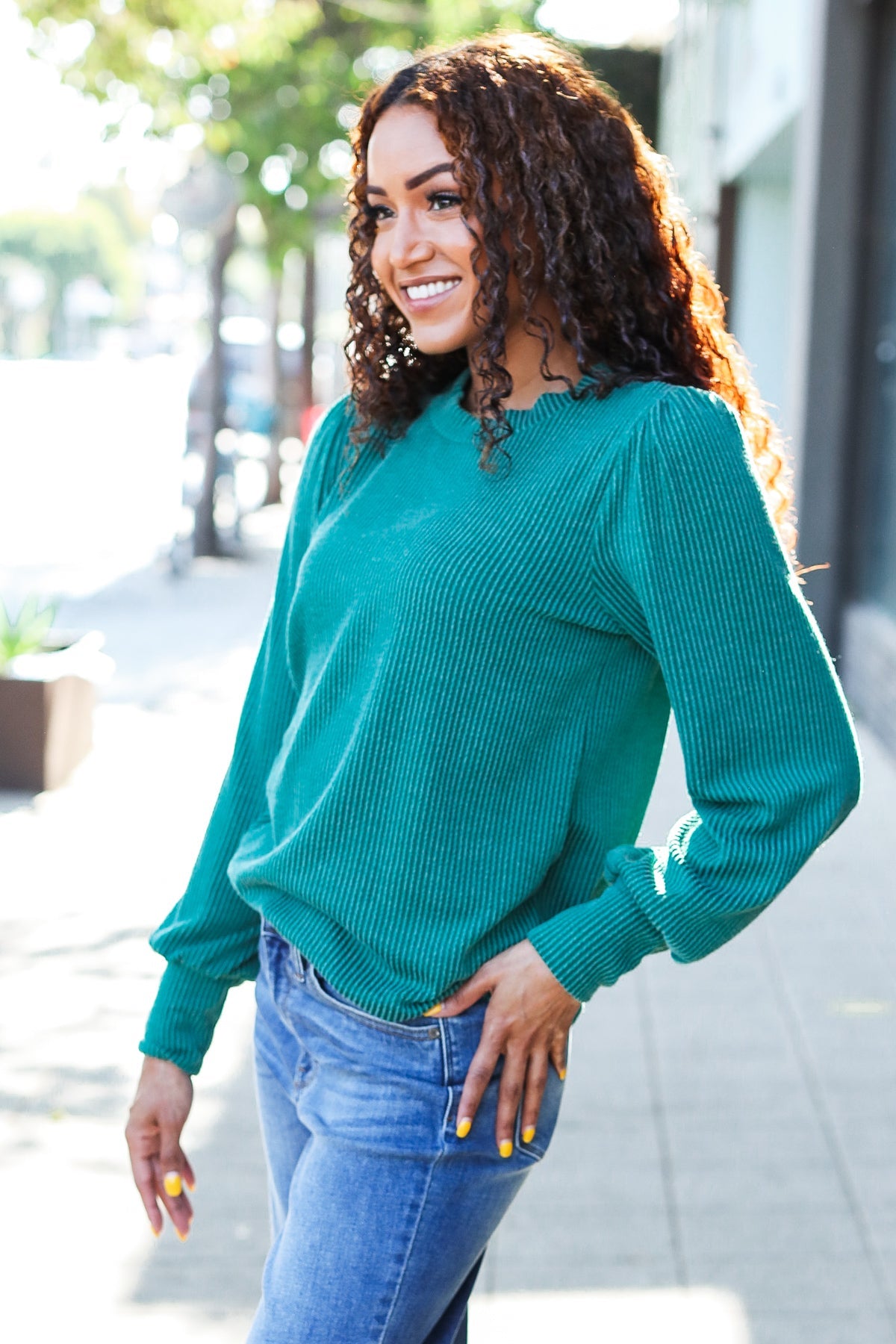 Hunter Green Rib Mineral Wash Long Sleeve Top