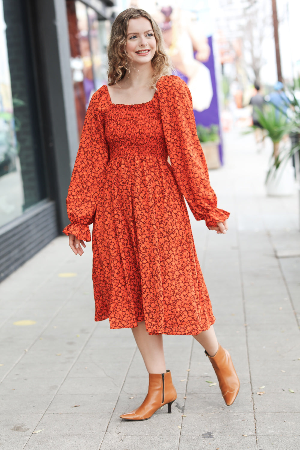 Rust Ditsy Floral Smocked Dress