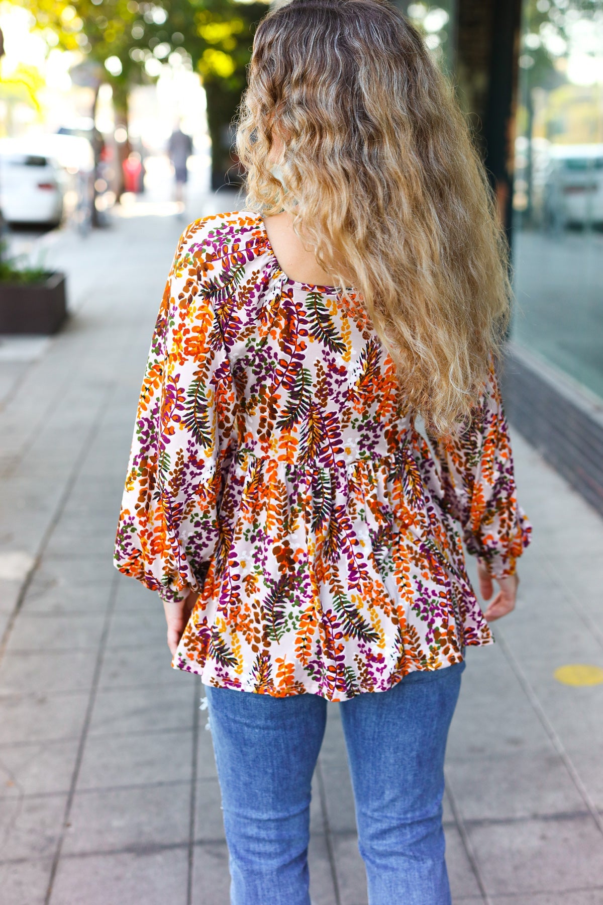 Taupe & Rust Fall Leaves Bubble Sleeve Babydoll Top