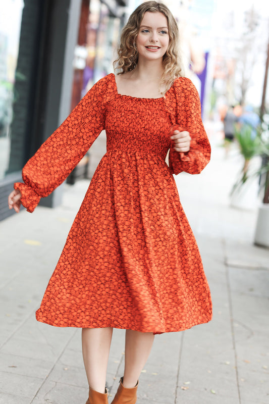Keep You Close Rust Ditsy Floral Smocked Dress