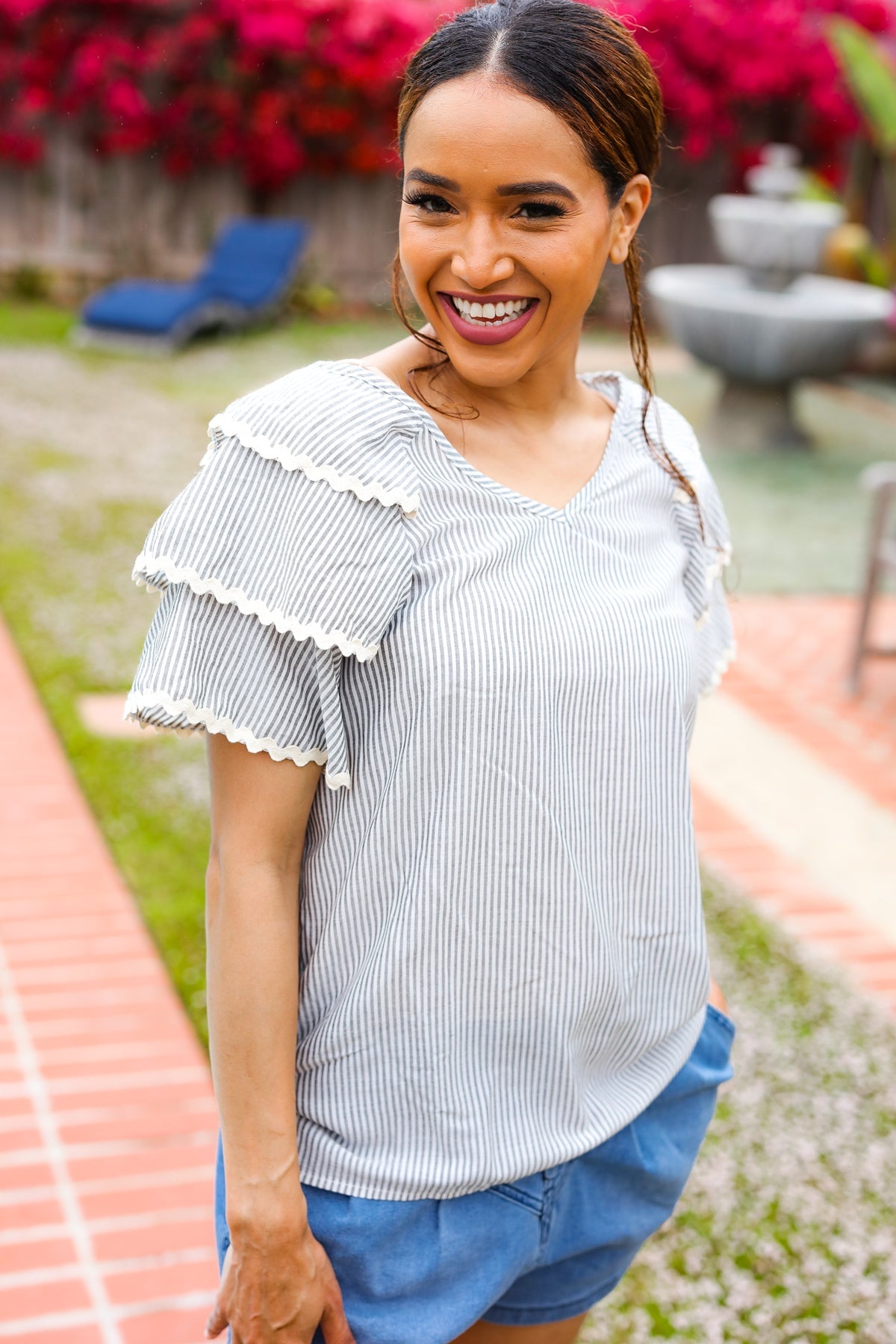 Gray Stripe Tiered Ruffle Sleeve Wavy Trim Top