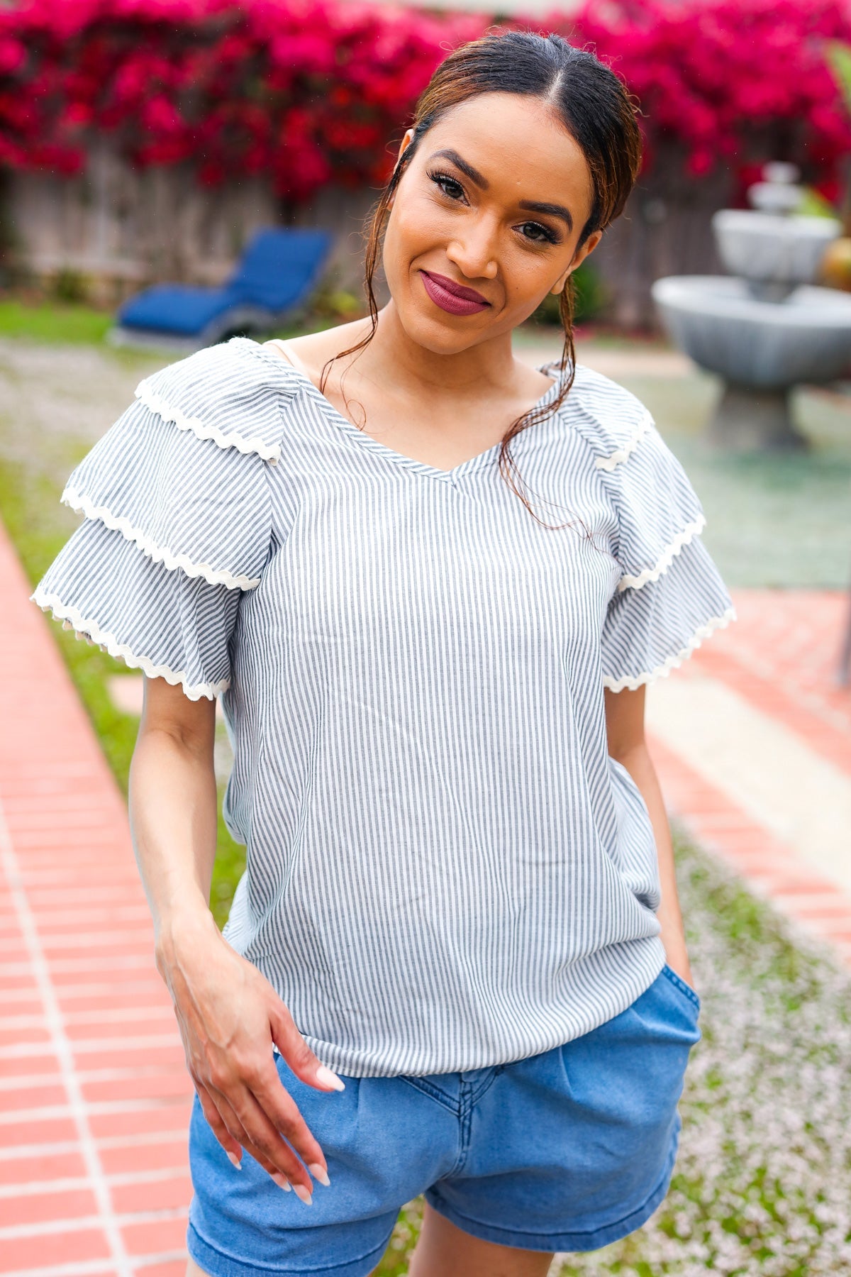 Gray Stripe Tiered Ruffle Sleeve Wavy Trim Top