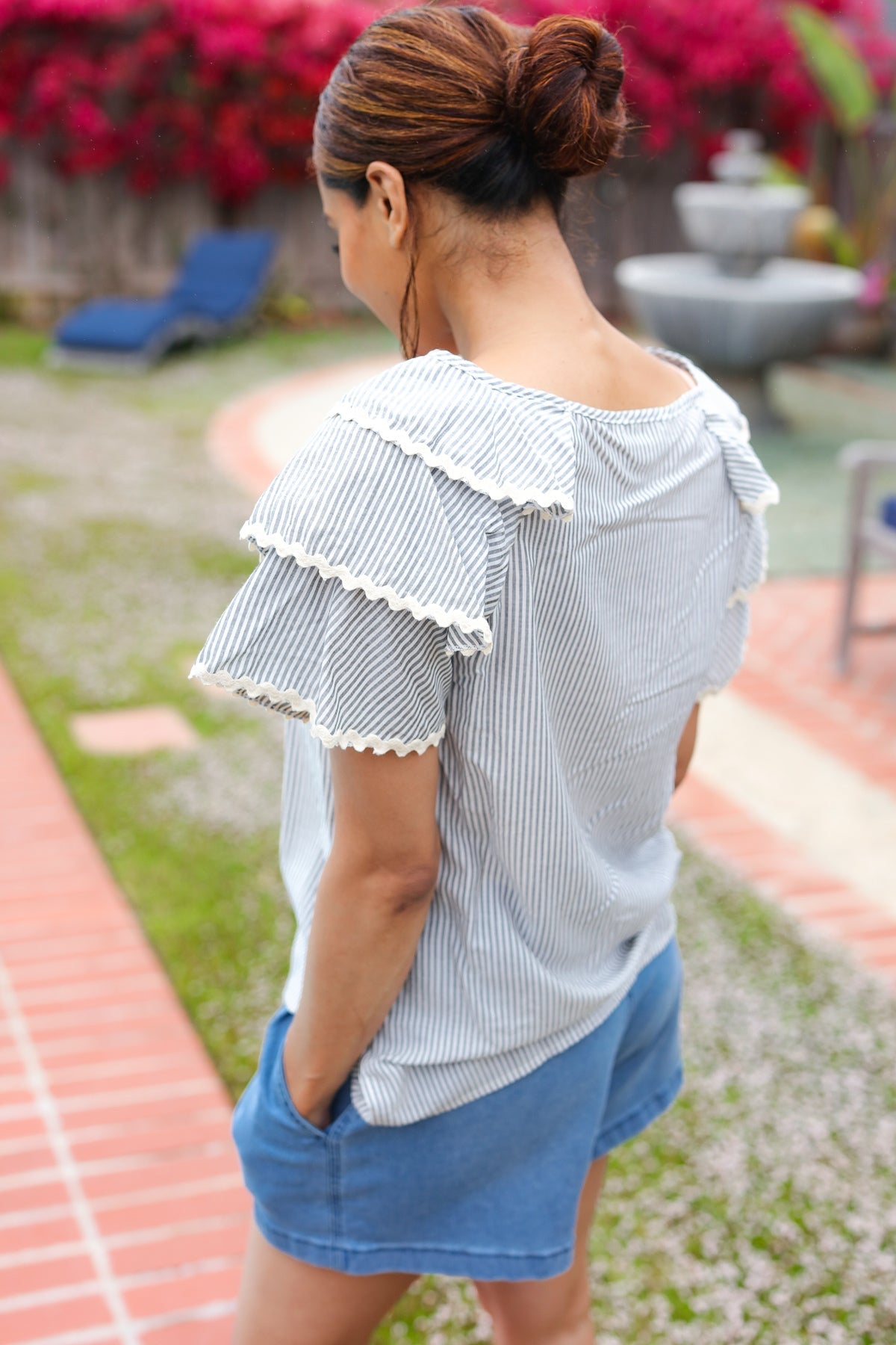 Gray Stripe Tiered Ruffle Sleeve Wavy Trim Top