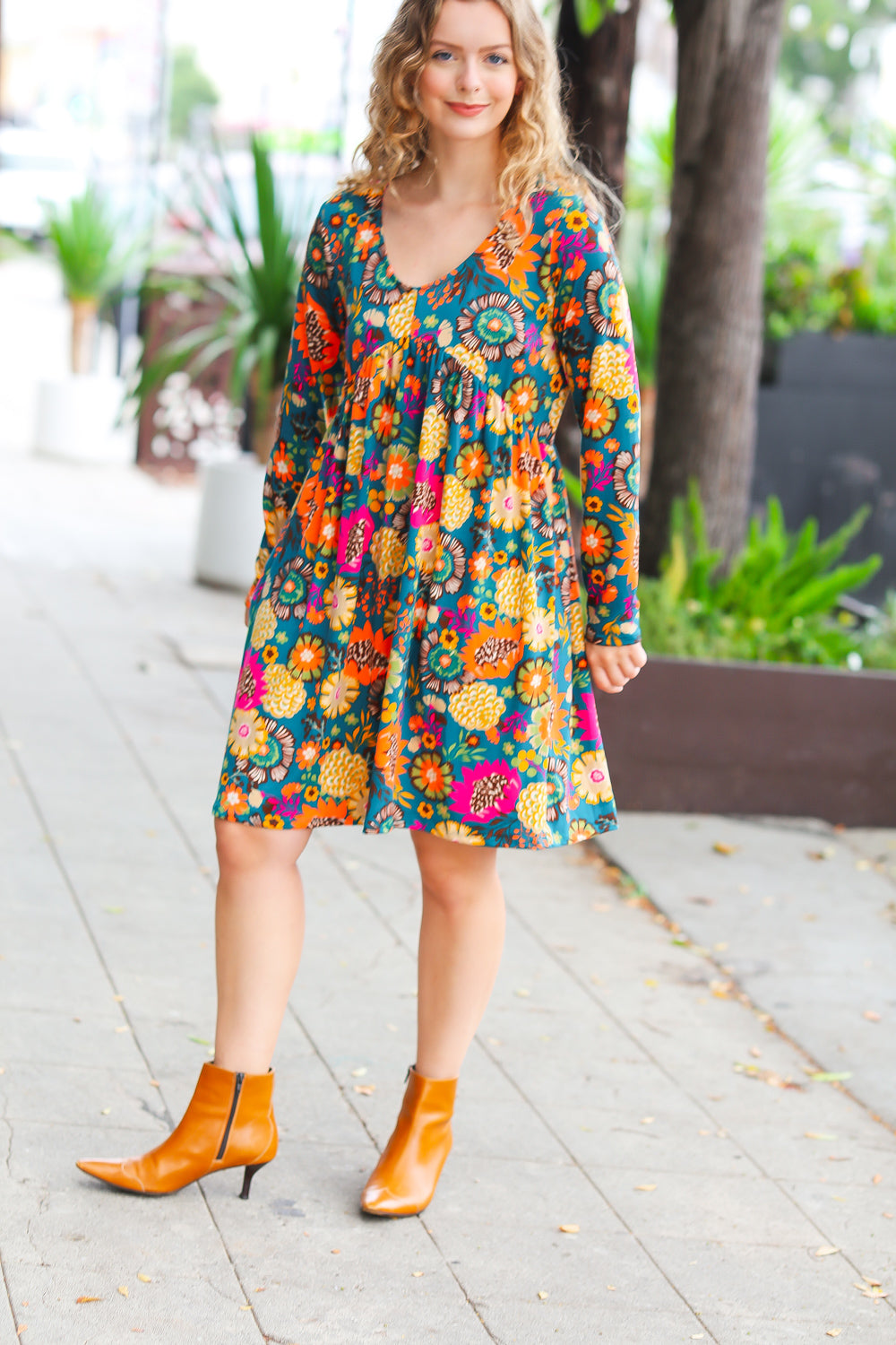 All About It Teal Vibrant Floral Babydoll Dress