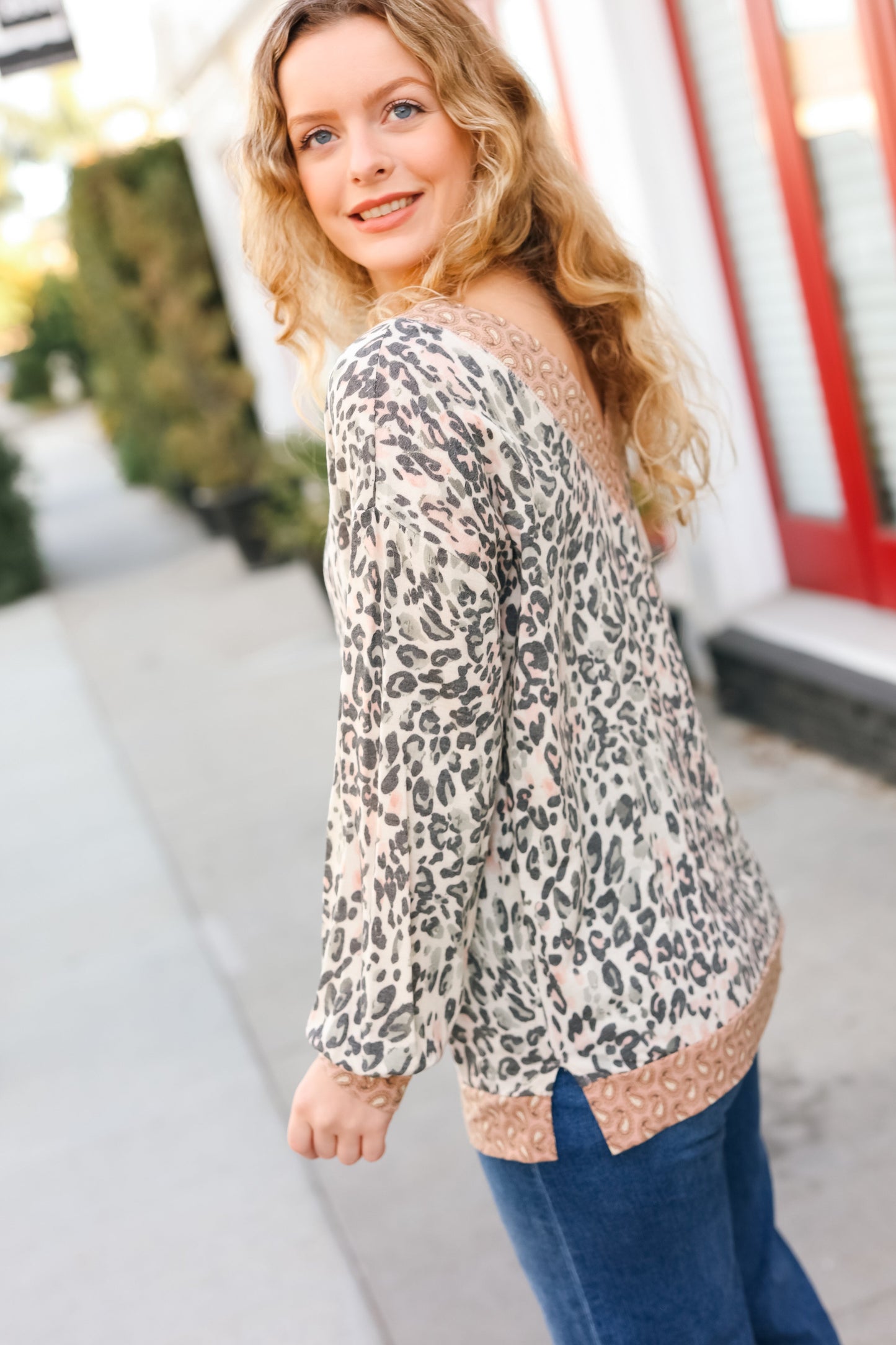 Cream Animal Print Paisley Print V Neck Top